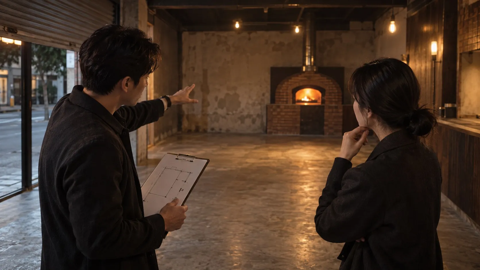 점포 실사 장면 — 빈 점포 앞에서 도면을 보는 본사 담당과 점주 (16:9)