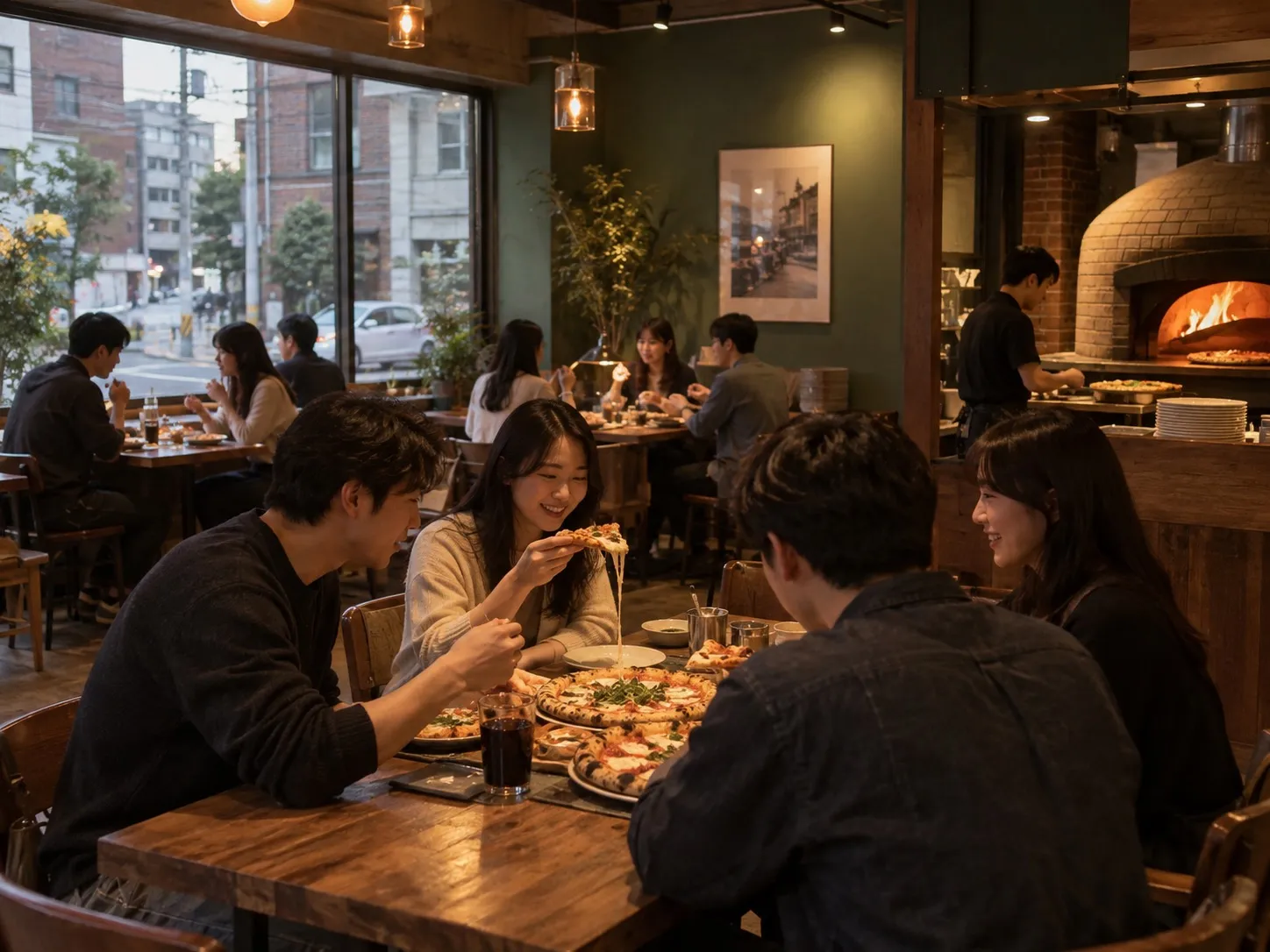 ○○점 홀 — 초록 벽과 나무 탁자 (4:3)